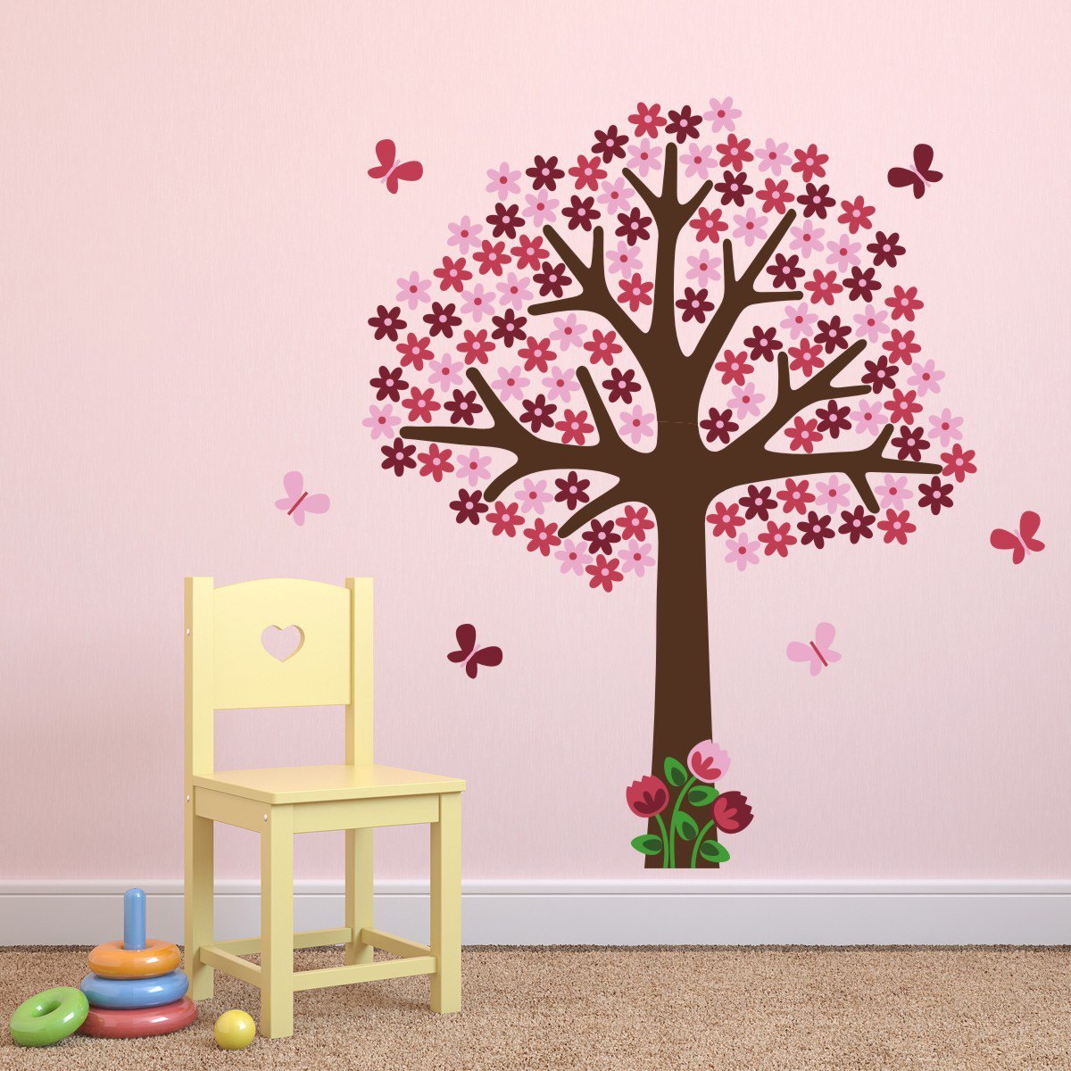 Pink Flower Tree With Butterflies Wall Sticker