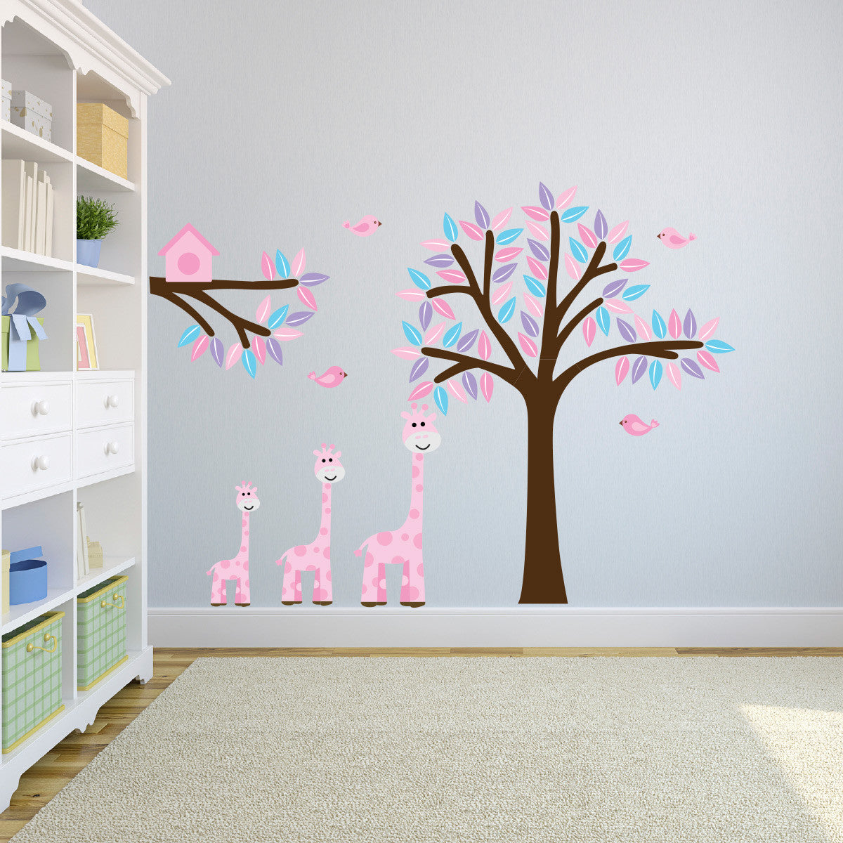 Pink Giraffes With Tree and Branch Wall Art