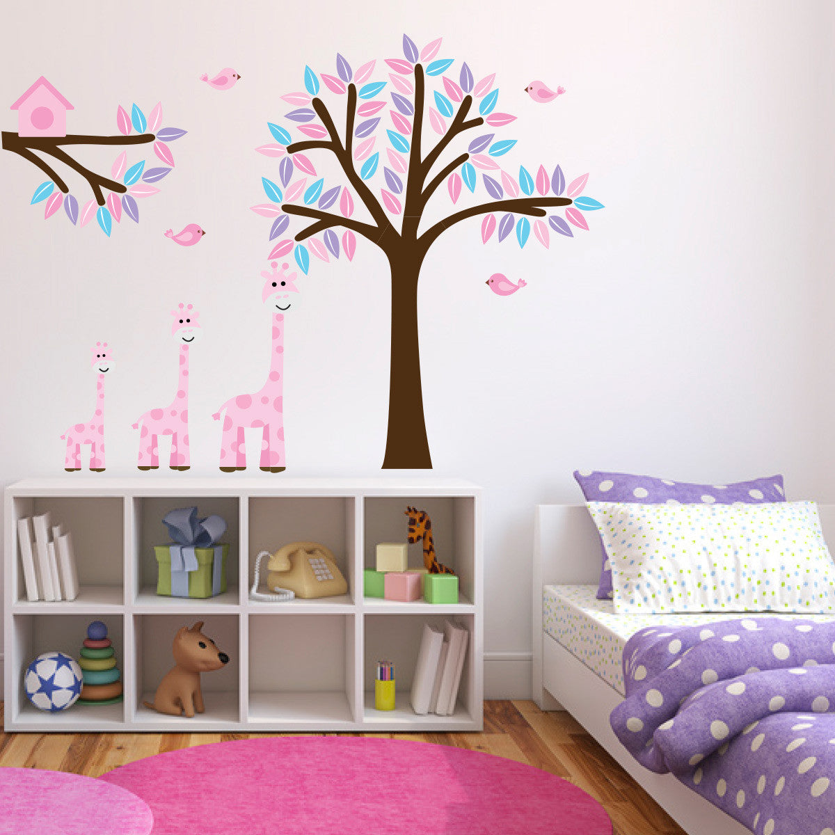 Pink Giraffes With Tree and Branch Wall Decal