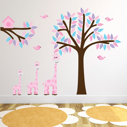 Pink Giraffes With Tree and Branch Wall Sticker