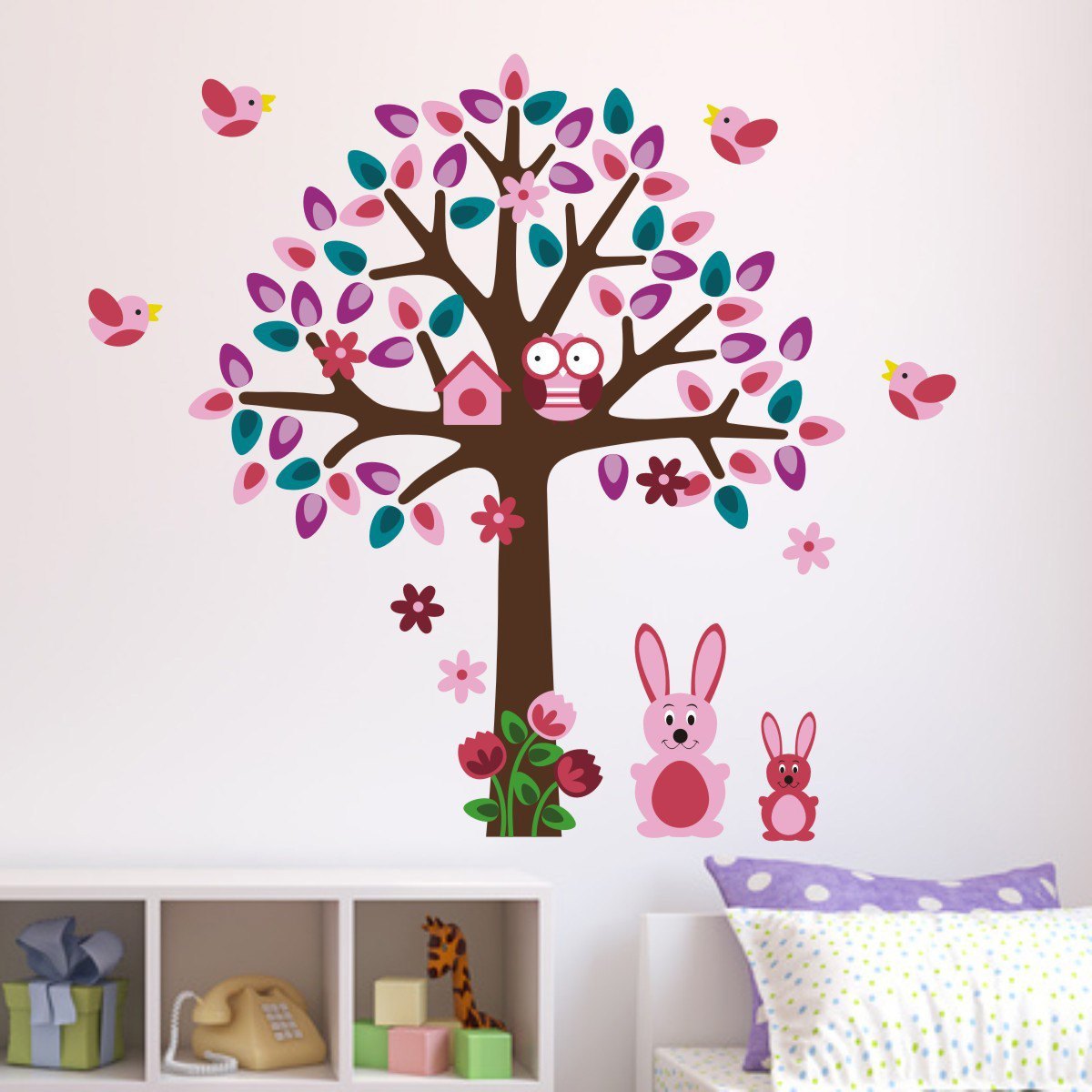 Pink Tree With Bunny Rabbit Wall Art