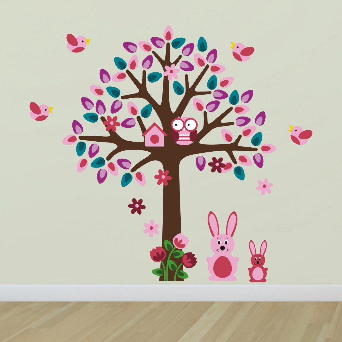 Pink Tree With Bunny Rabbit Wall Decals