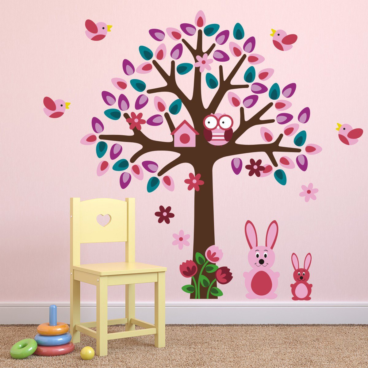 Pink Tree With Bunny Rabbit Wall Stickers