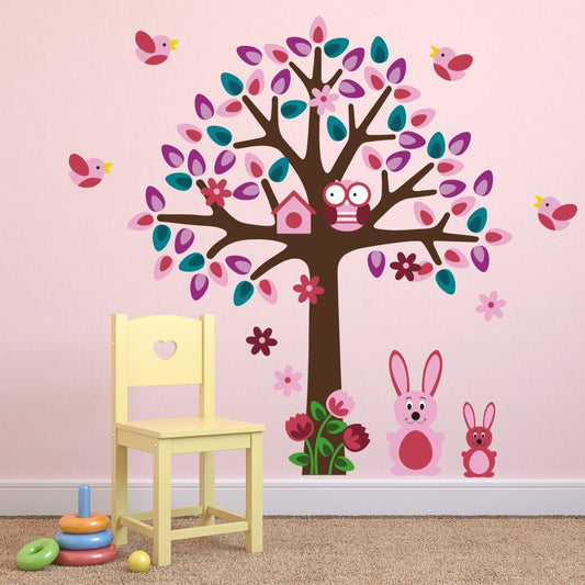 Pink Tree With Bunny Rabbit Wall Stickers