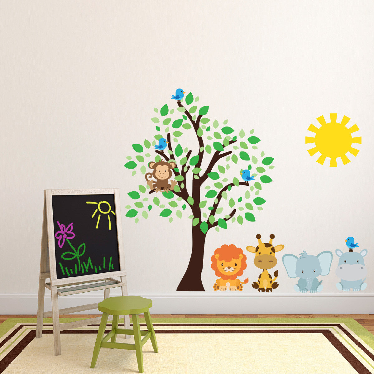 Safari Animals With Tree and Sun Wall Sticker