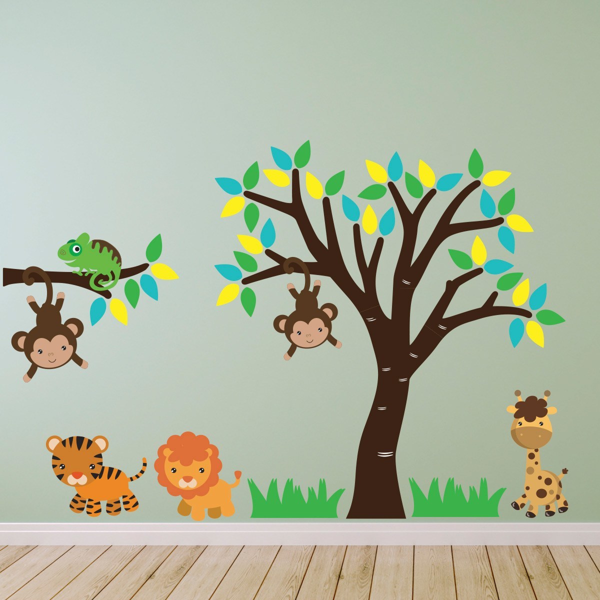 Tree and Branch With Jungle Animals Wall Art