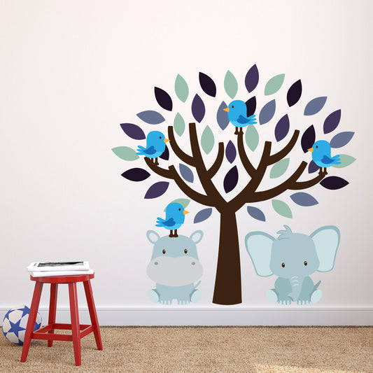Tree With Elephant and Hippo Wall Sticker