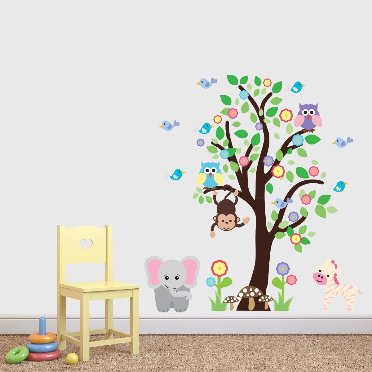 Tree With Elephant and Zebra Wall Art