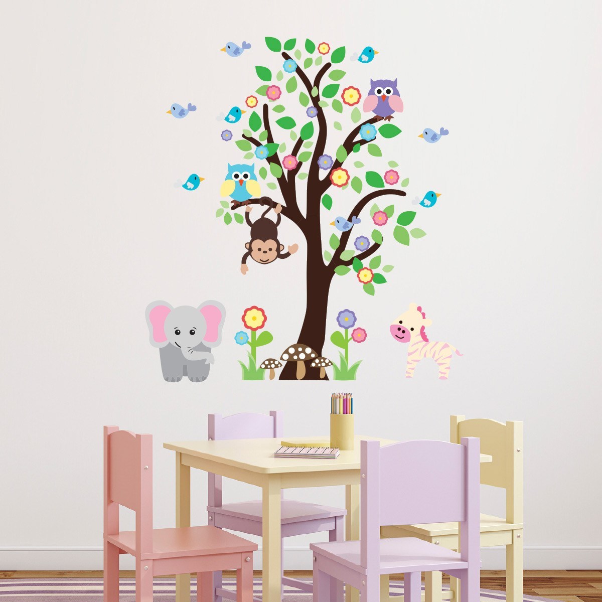 Tree With Elephant and Zebra Wall Decal