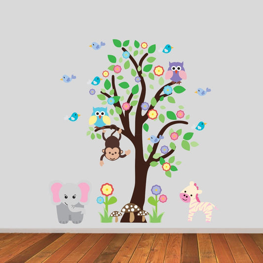 Tree With Elephant and Zebra Wall Sticker