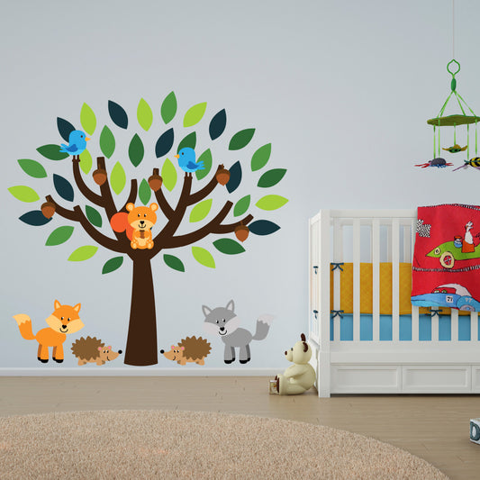 Tree With Foxes, Hedgehogs and Birds Wall Sticker