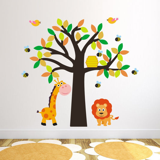 Tree With Giraffe, Lion, Birds and Bees Wall Sticker