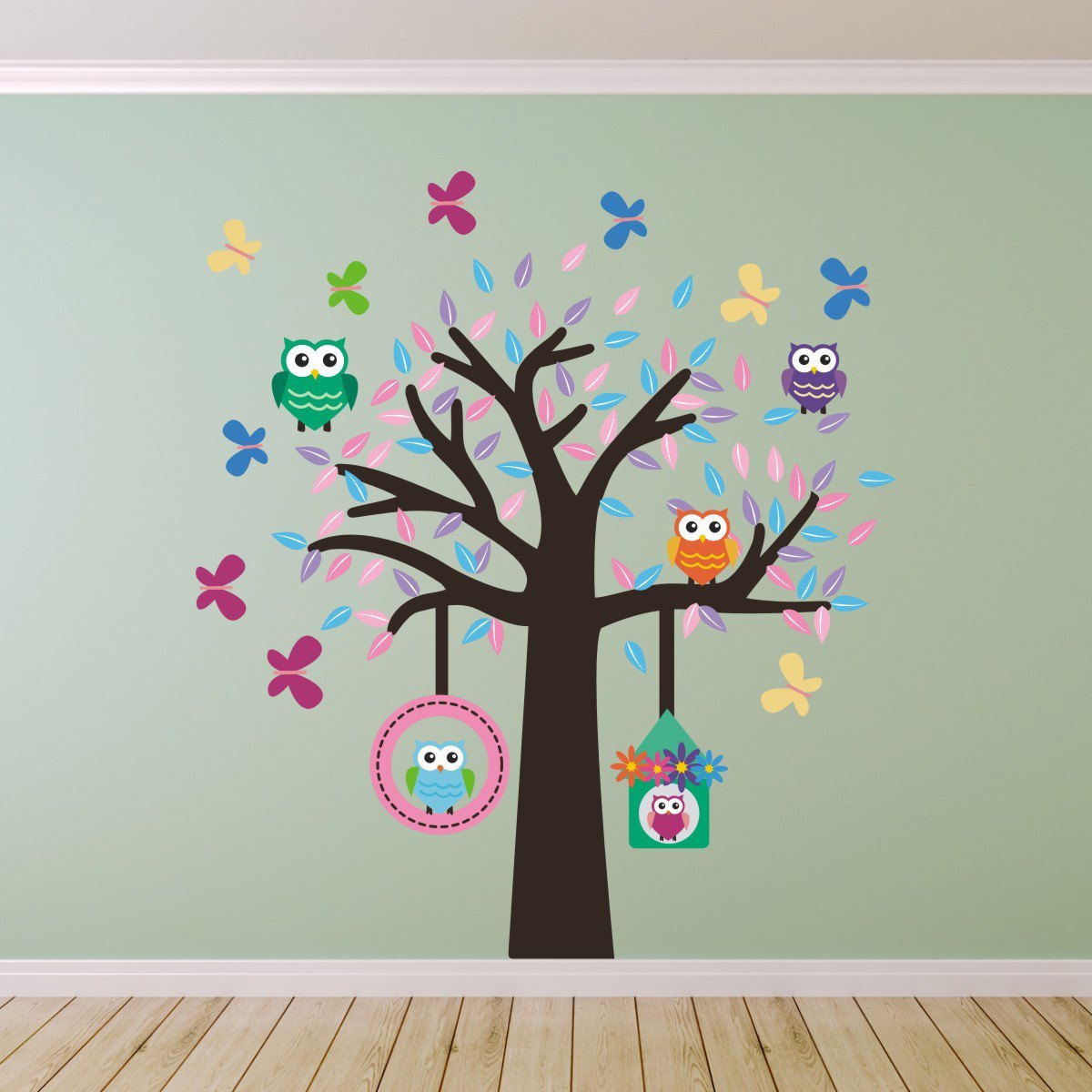 Tree With Owls and Butterflies Wall Decal