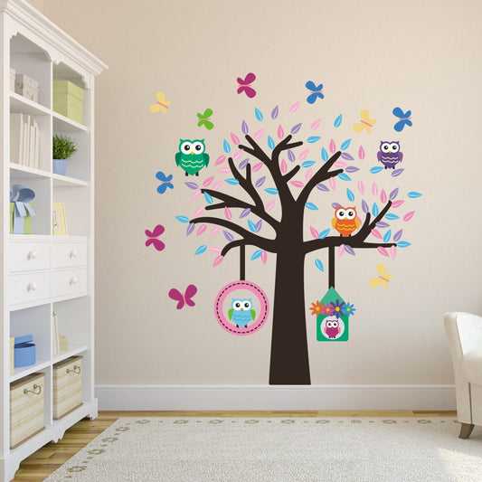 Tree With Owls and Butterflies Wall Sticker
